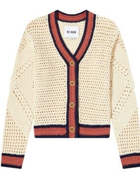 Re/Done Cream Crochet V-Neck Cardigan with Navy & Rust Trim